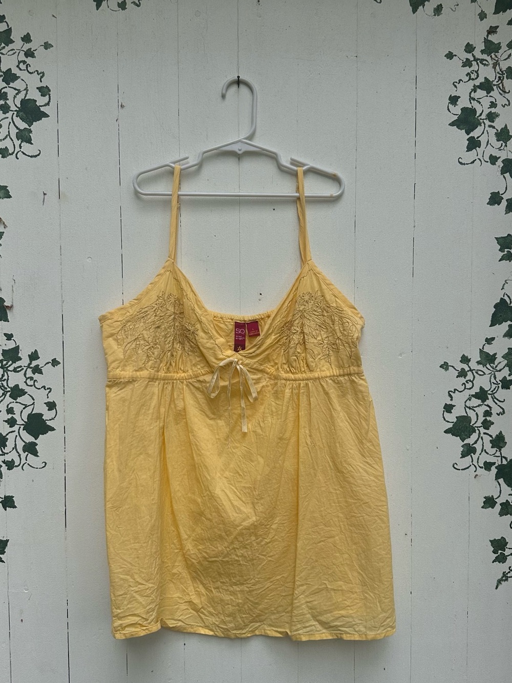 Y2K Cinched Butter Yellow Embroidered Spaghetti Strap Tank Top with Tie Cotton